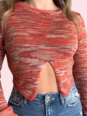 Pretty Garbage Orange Multicolor Knit Front-Slit Sweater